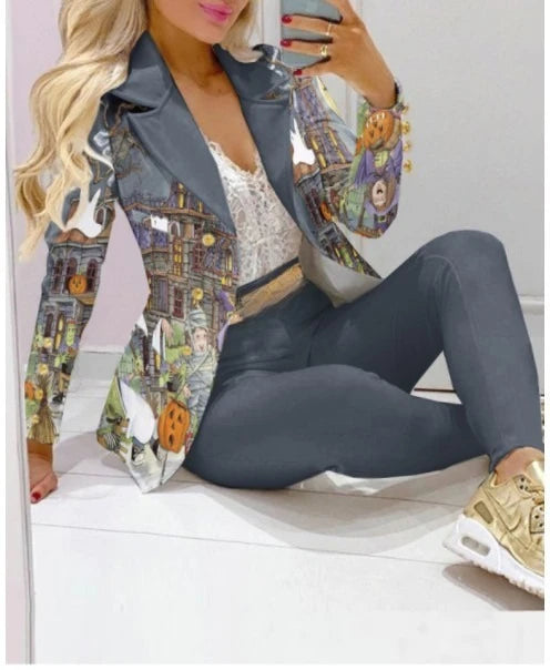 Printed Belted Blazer Pant Set