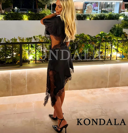 Satin Asymmetrical Hollow Lace Dress