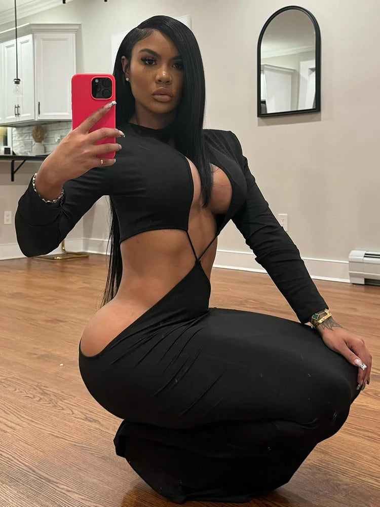 Weird Puss Sexy Coquette Dress Women Hollow Irregular Waistless Backless Full Sleeve Stretch Skinny Clubwear Hipster Vestidos