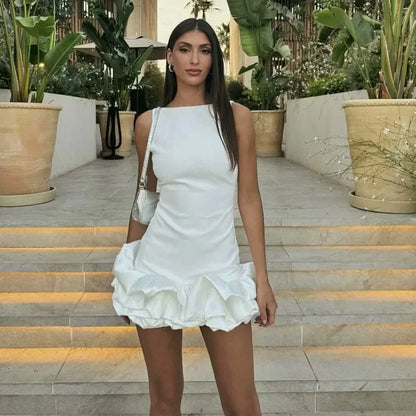 HXAO White Short Dress Ruffle Backless