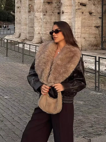 Vintage Faux Fur Collar Faux Leather Jacket
