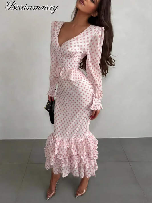 Ruffled-edge Dress Chic V-neck Long Sleeve