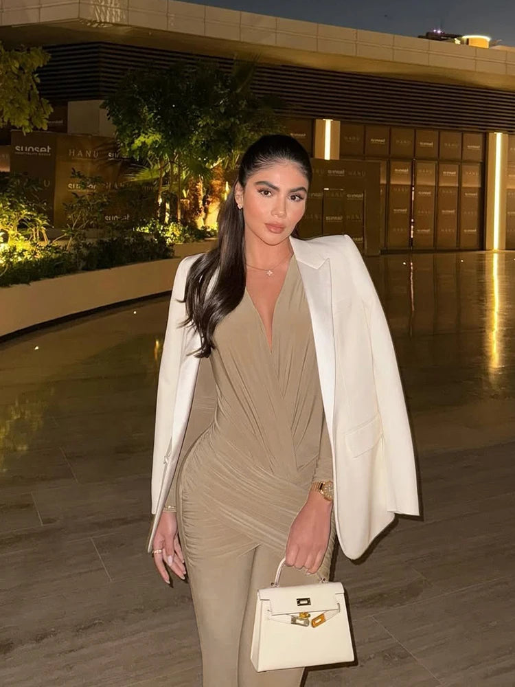 Weird Puss Cross Ruched Jumpsuit Women Patchwork Deep v-Neck Full Sleeve Elegant Skinny Stretch Workout Office Classic Overalls