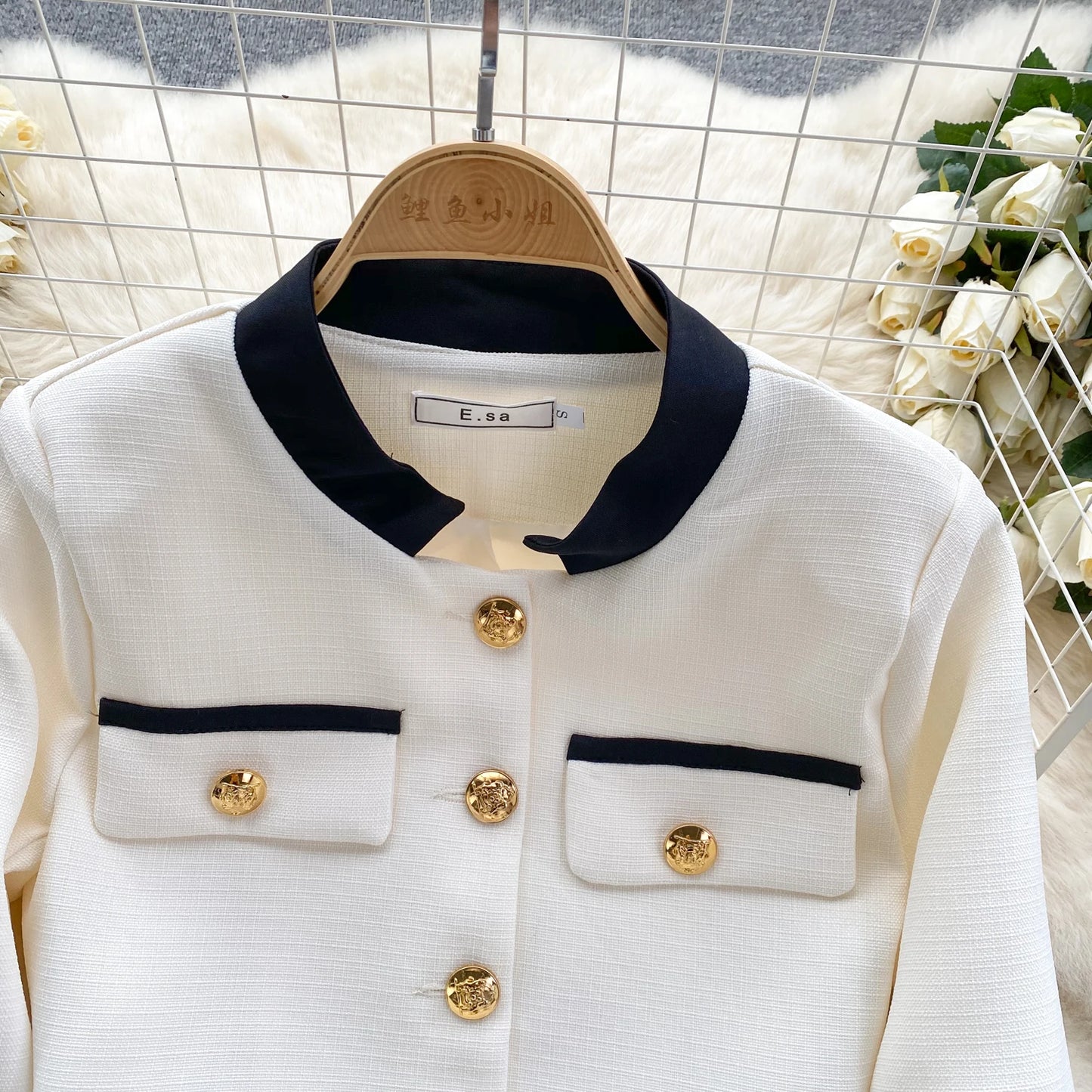 KUSAHIKI 2024 Spring Women's Color Block Short Cardigan Coat + High Waisted Pleated Half Skirt Two Piece Set