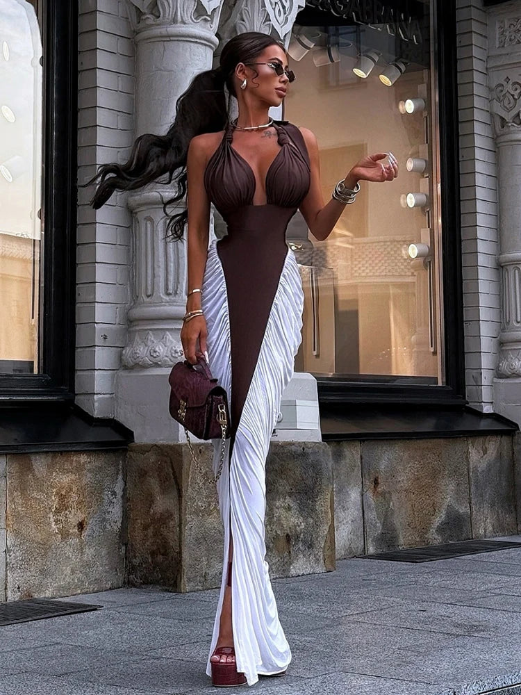SiSSisterlinda Halter Ruched Dress Women Bandages Patchwork Backless Thin Slit Summer Clubwear Birthday Party Ruched Vestidos