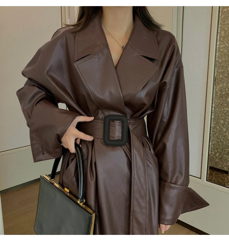 Lautaro Long oversized leather trench coat for women long sleeve lapel loose fit Fall Stylish black women clothing streetwear