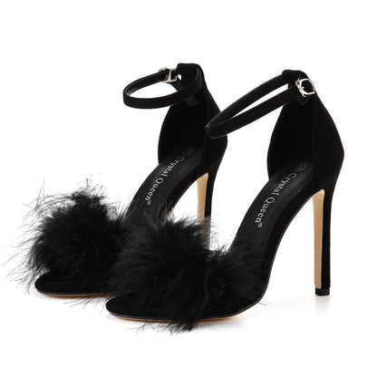 Crystal Queen Sandals Fluffy Peep Toe
