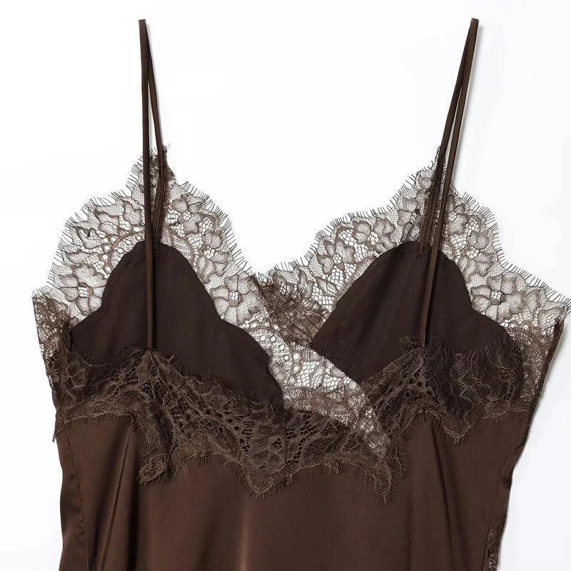 Black Satin Asymmetrical Lace Slip Dress