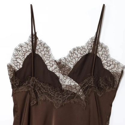 Black Satin Asymmetrical Lace Slip Dress