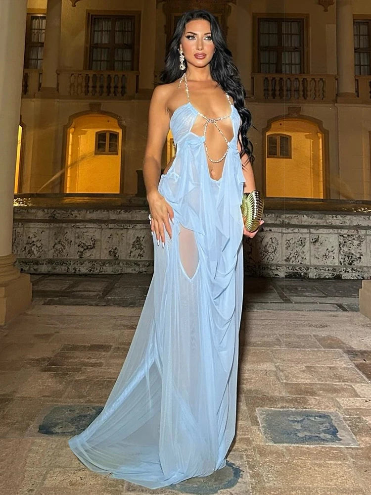 Weird Puss Sexy See Through Dress Women Sexy Halter Chain Backless Irregular Ruched Patchwork Vacation Birthday Party Clubwear