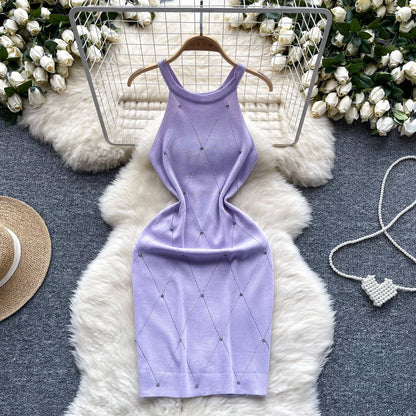 Beaded Halter Knit Bodycon Mini Dress