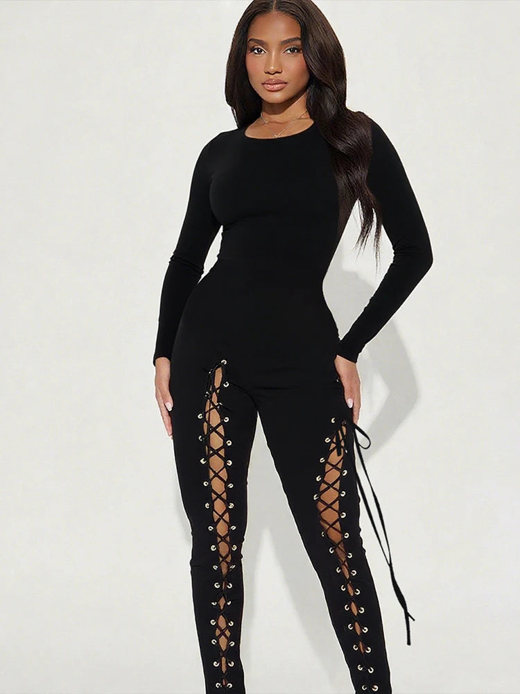 Weird Puss Sexy Fall Jumpsuits Women Diy Shirring o-Neck Full Sleeve Midnight Party Club Stretch Activity Fitness Slim Overalls