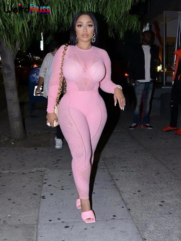 Weird Puss See Through Women Jumpsuits Long Sleeve Hollow Out Hot Girls Sexy Nightclub Dance Party Body-Shaping Coquette Outfits