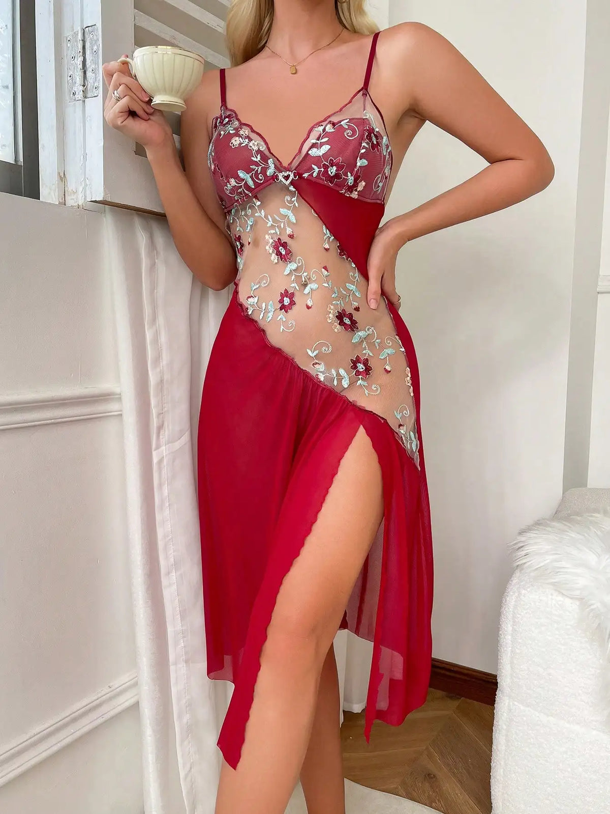 Floral Print Lace V-Neck Slip Nightdress
