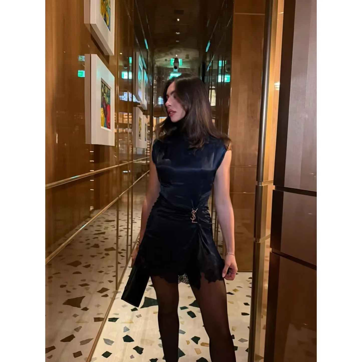 BSAY Satin dresses women's clothing fashion back zip hem lace patchwork slit sexy nightclub mini dress chic French Evening