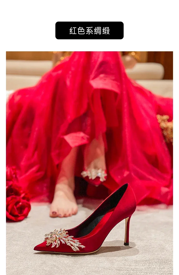 2024 Spring Summer Autumn New Wedding Shoes Red High Heels  Slim Heels Korean Version Pointed Toe Bride Shoes High Heels