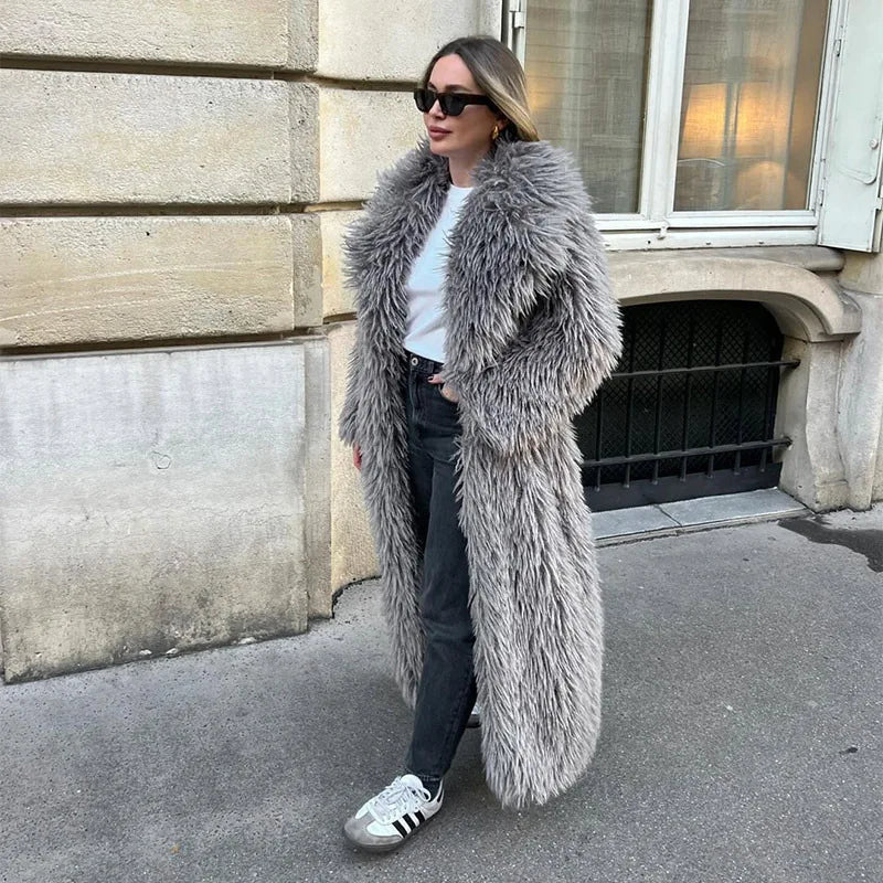 Faux Fur Long Coats Y2k Thick