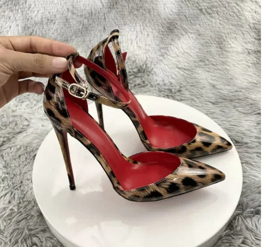 Red background leopard print high-heeled sandals