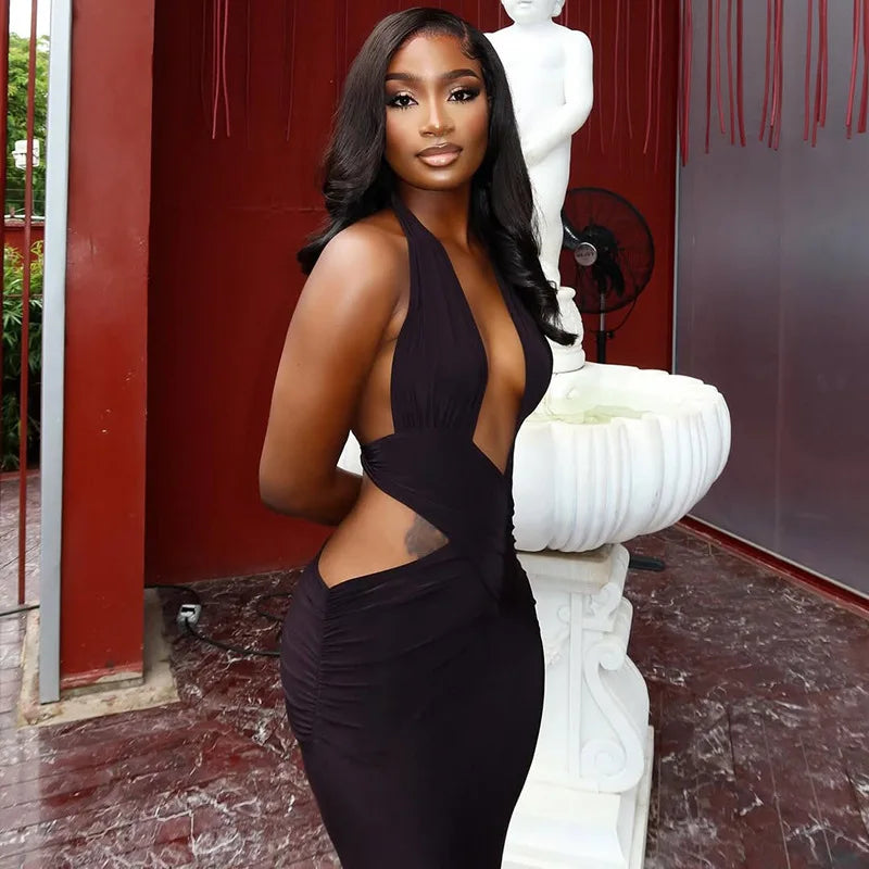 Streetwear Halter Neck Slim Long Dresses Women Sexy Hot Girls Deep V-neck Backless Leace-up Package Hip Bodycon Party Dress