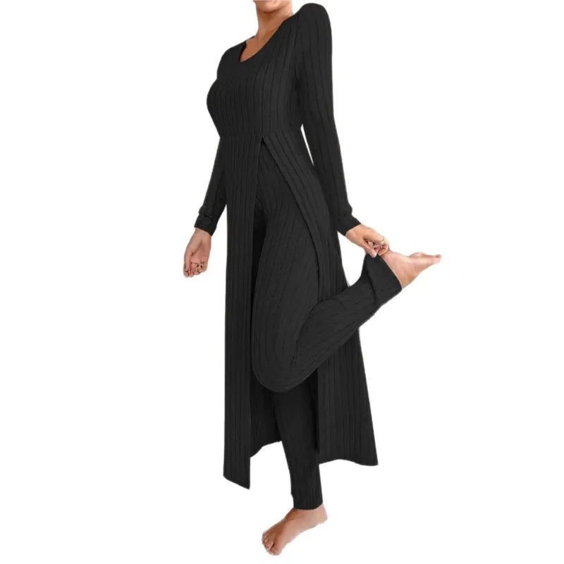 O-Neck Split Top & Slim Trousers Lounge Set