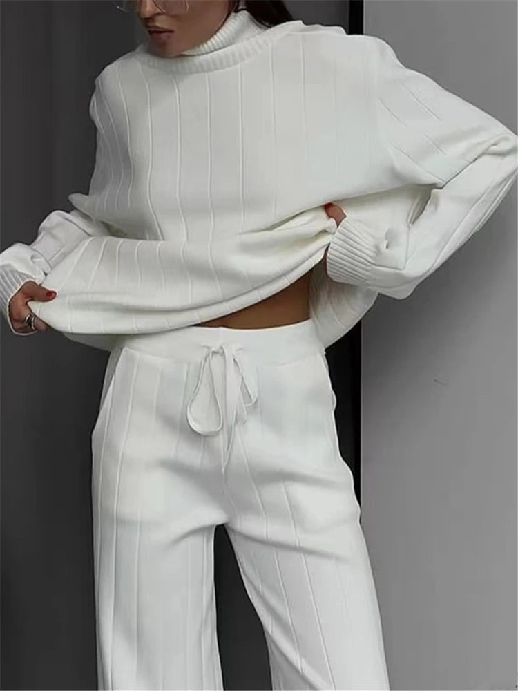 REALEFT White Sets Knitted Tracksuit Turtleneck