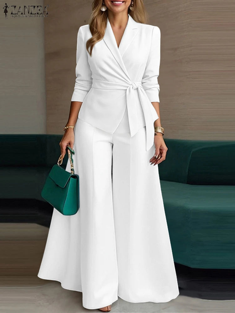 ZANZEA Pant Sets Long Sleeve Belted