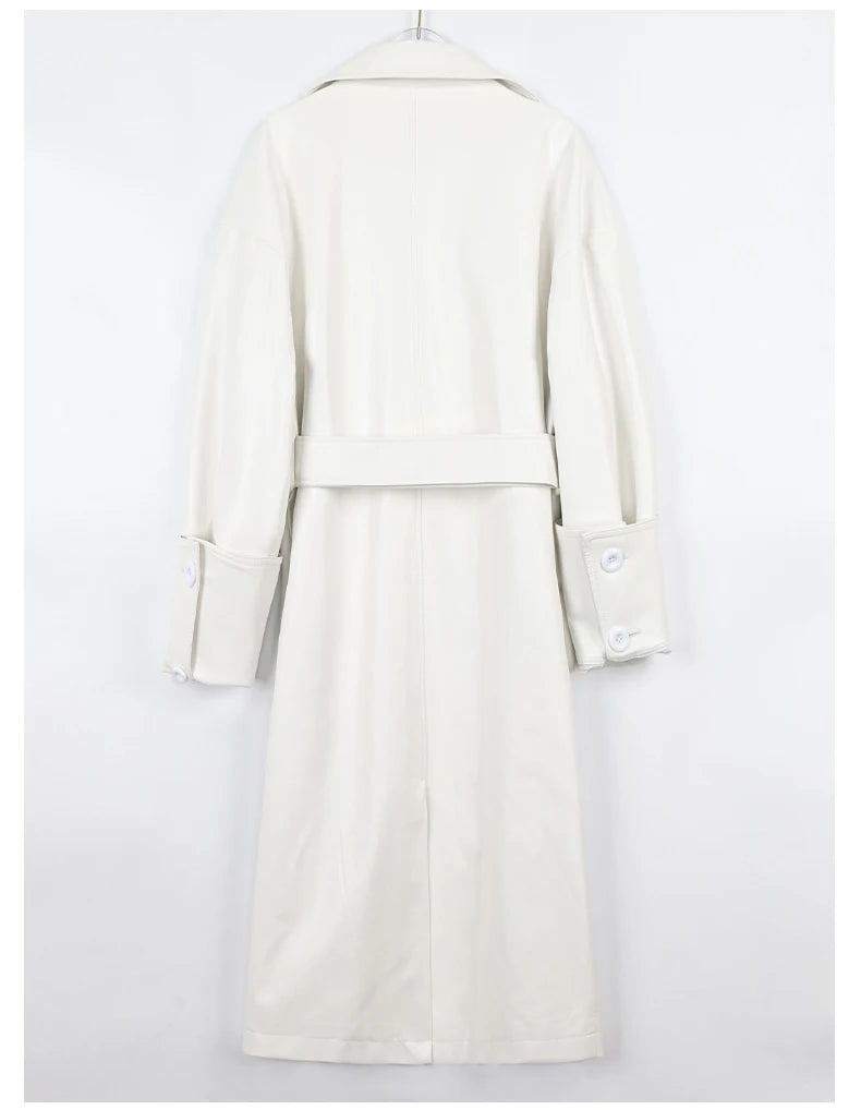 Lautaro Long oversized leather trench coat for women long sleeve lapel loose fit Fall Stylish black women clothing streetwear