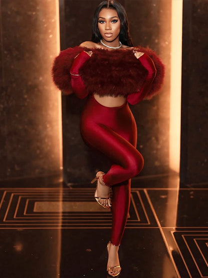 Feather Trim Slash-Neck Jumpsuit