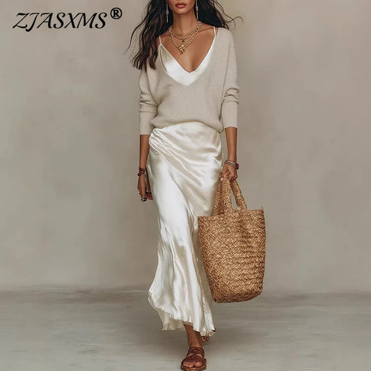 Knitted Sweater & Satin Midi Dress Set