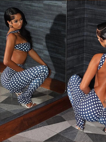 Dot Print Backless Halter Two-Piece Set