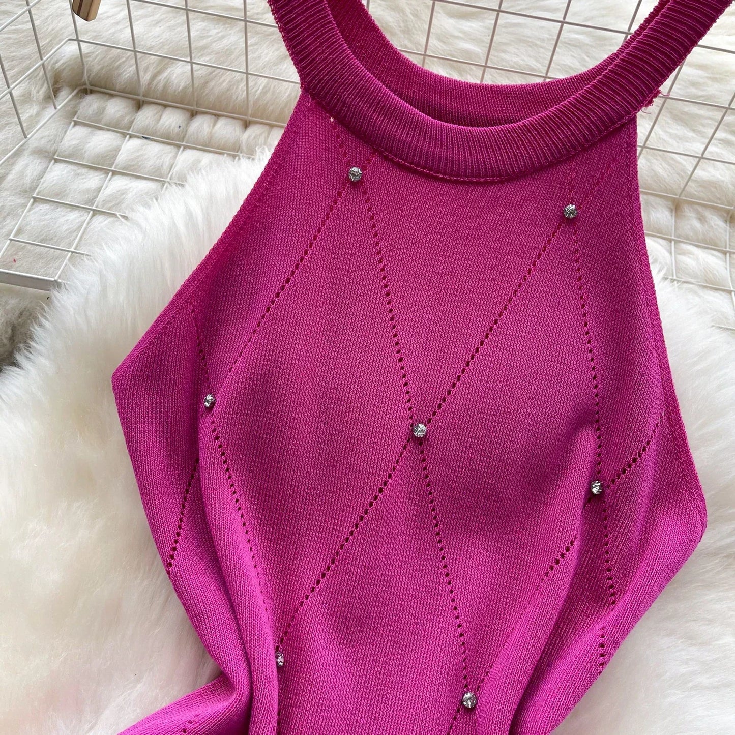 Beading Halter Women's Knitting Sheath Tank Dress Female Bodycon Knitted Camisole Sleeveless Mini Dresses For Woman Outfits