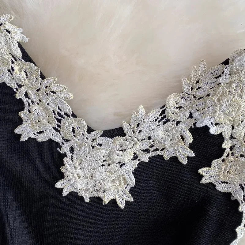 2024 Sexy Backless Lace Patchwork Knitted Split Summer Dress Women Black Mini Party Dress Bodycon Sheath night Club Outfits