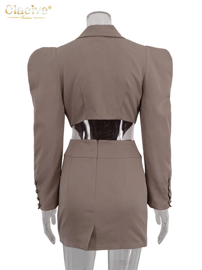Clacive Slim Khaki Sets Outfit Bodycon