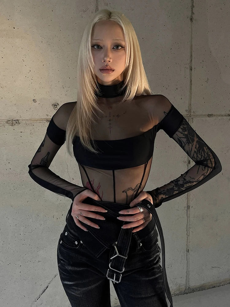 Mesh Patchwork Long Sleeve Sheer Bodysuit