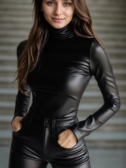 Fuax Leather PU Tops Turtleneck Long