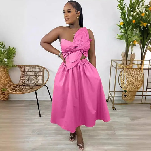 Draped Bow Strapless A-Line Maxi Dress