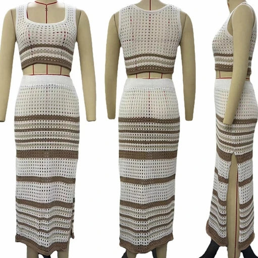 Women's Crochet Swimsuit, Beach Cover Up Knit Dress, Striped Swimwear, Bikini Cover-up, Sexy Crop Top and High Waist Skirt, 2 Pc