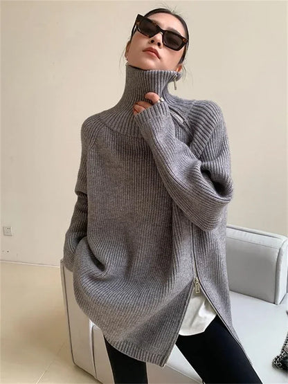 Oversized Turtleneck Zipper Sweater