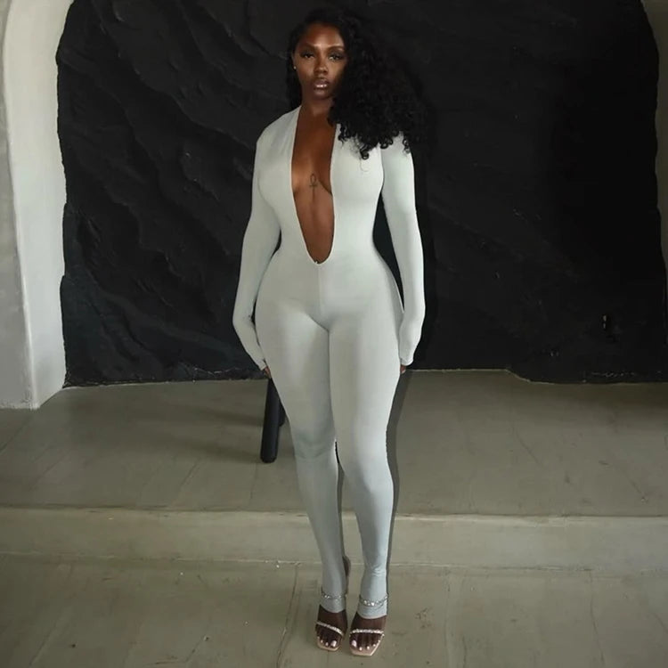 STYLISH LADY Cut Out Jumpsuits 2025 Autumn Women Long Sleeve V Neck Backless Bodycon Sexy Club Party Rompers Jumpsuits