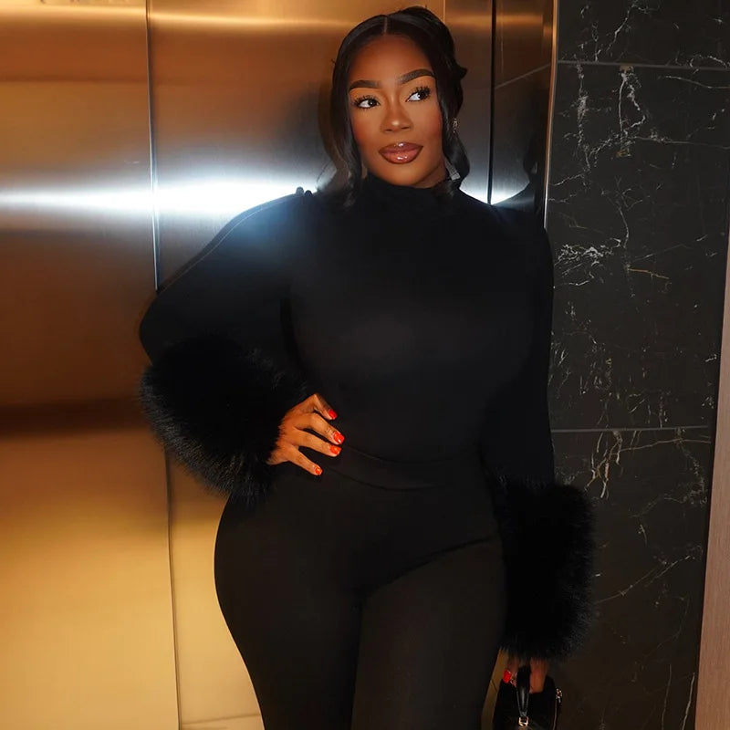 FAGADOER Winter New Sexy Fur Patchwork 2 Pieces Set for Woman Outfits Long Sleeves Bodycon Playsuits + Shorts Female Streetwear