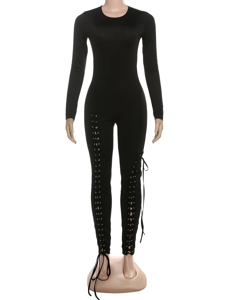 Weird Puss Sexy Fall Jumpsuits Women Diy Shirring o-Neck Full Sleeve Midnight Party Club Stretch Activity Fitness Slim Overalls