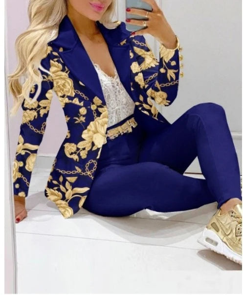 Printed Belted Blazer Pant Set