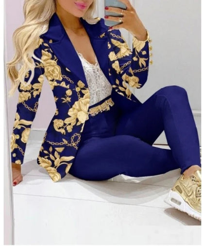 Printed Belted Blazer Pant Set