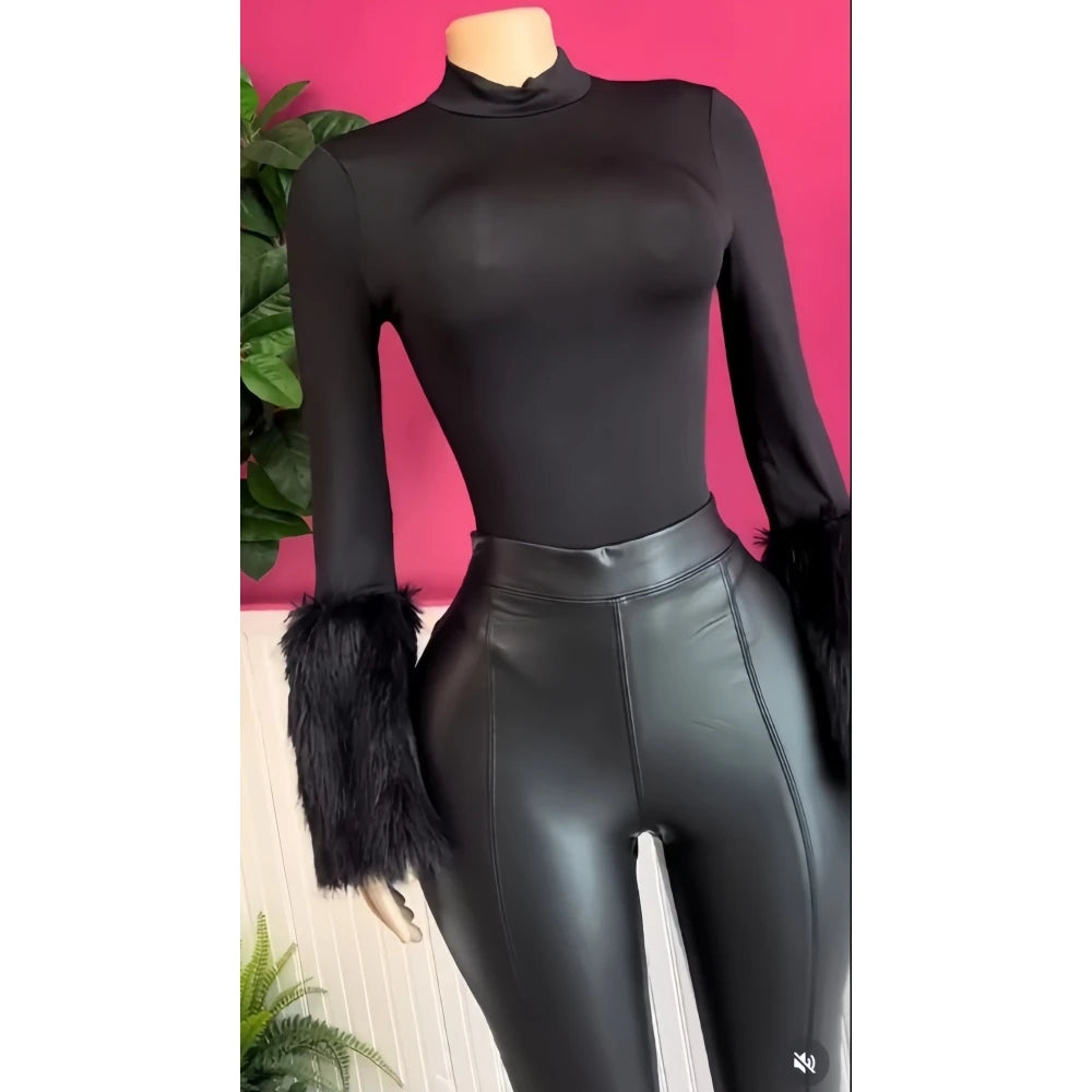 FAGADOER Winter New Sexy Fur Patchwork 2 Pieces Set for Woman Outfits Long Sleeves Bodycon Playsuits + Shorts Female Streetwear