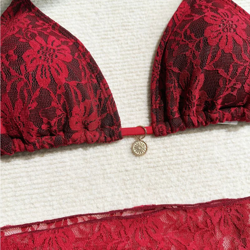 Contrast Lace Three-Piece Bikini Set