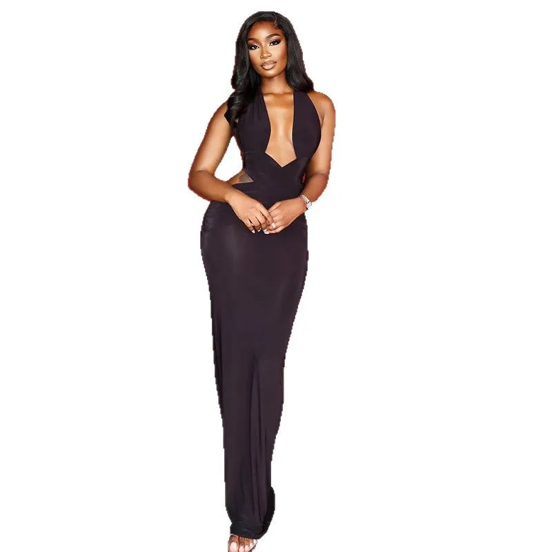 Streetwear Halter Neck Slim Long Dresses Women Sexy Hot Girls Deep V-neck Backless Leace-up Package Hip Bodycon Party Dress