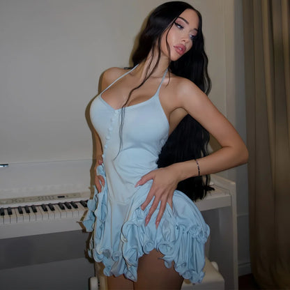 Ruffled V-Neck Button Mini Dress