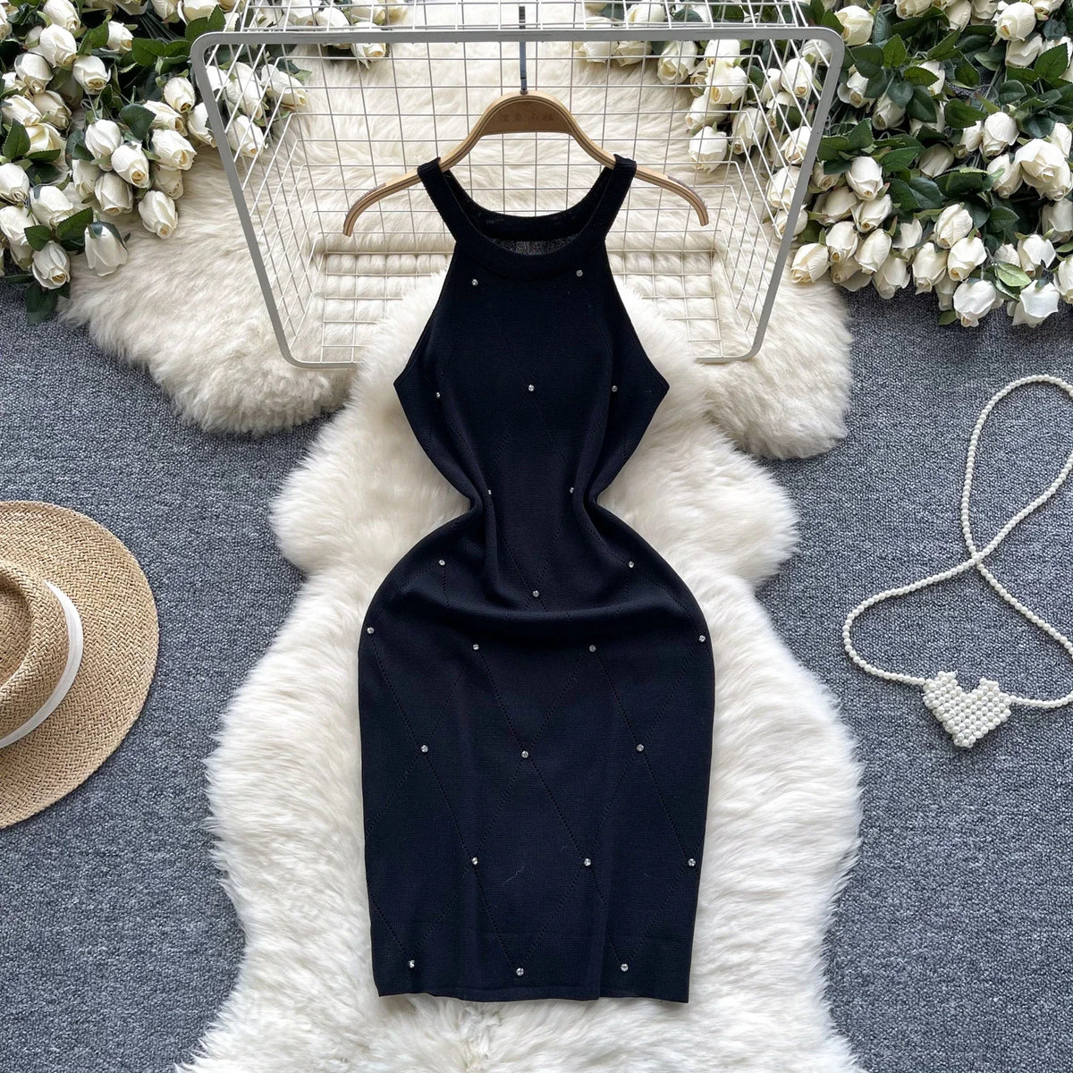 Beaded Halter Knit Bodycon Mini Dress