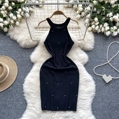 Beaded Halter Knit Bodycon Mini Dress