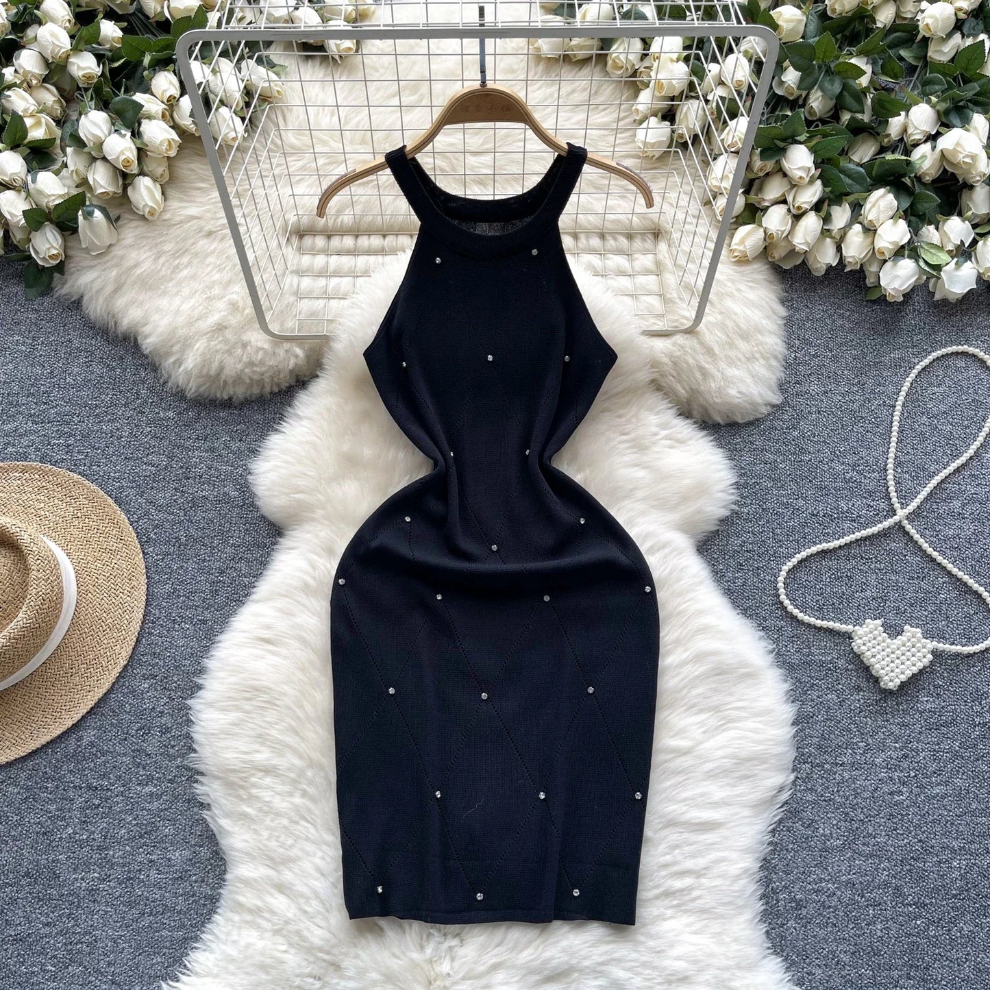 Beading Halter Women's Knitting Sheath Tank Dress Female Bodycon Knitted Camisole Sleeveless Mini Dresses For Woman Outfits